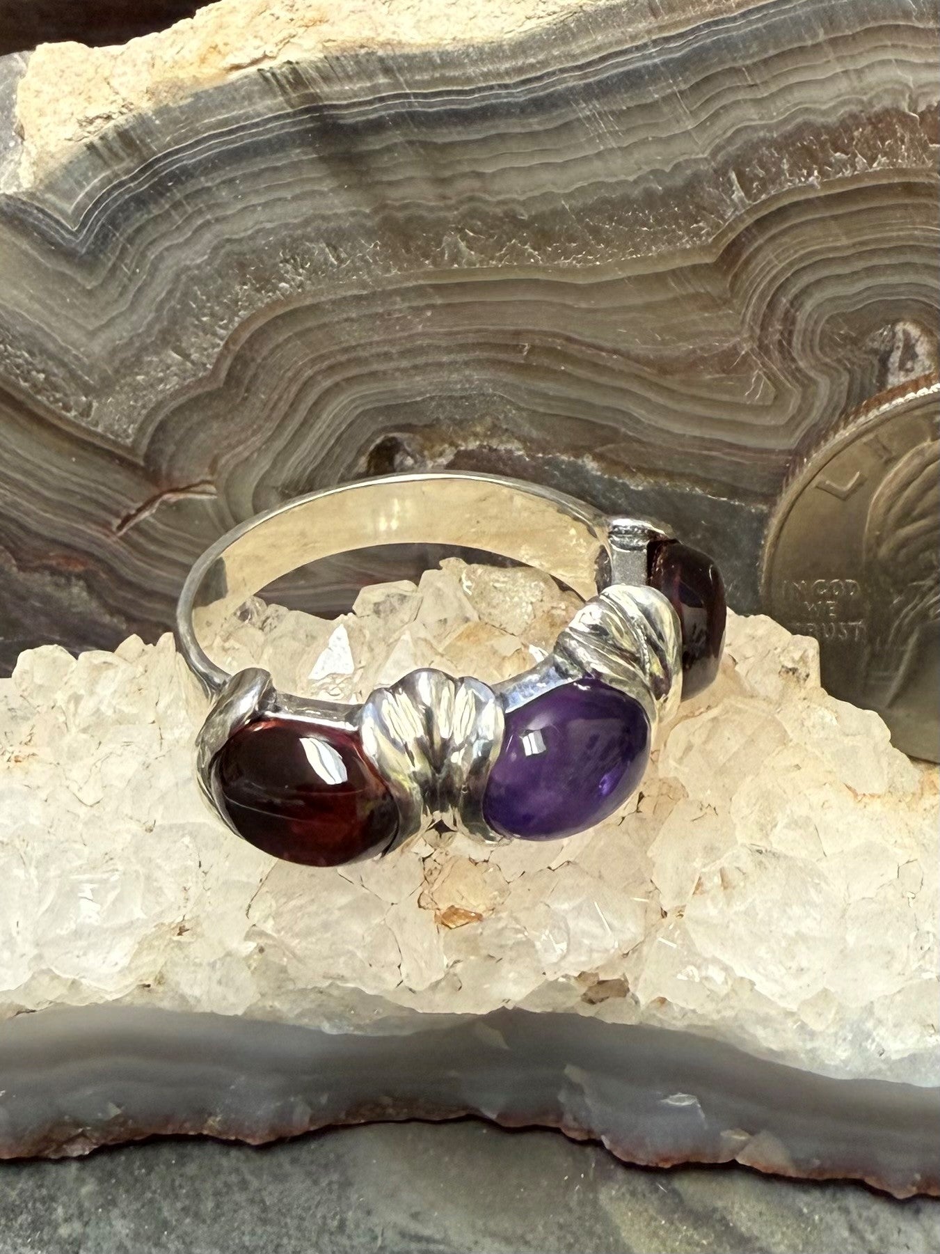 Amethyst and Garnet 3 stone sterling silver ring