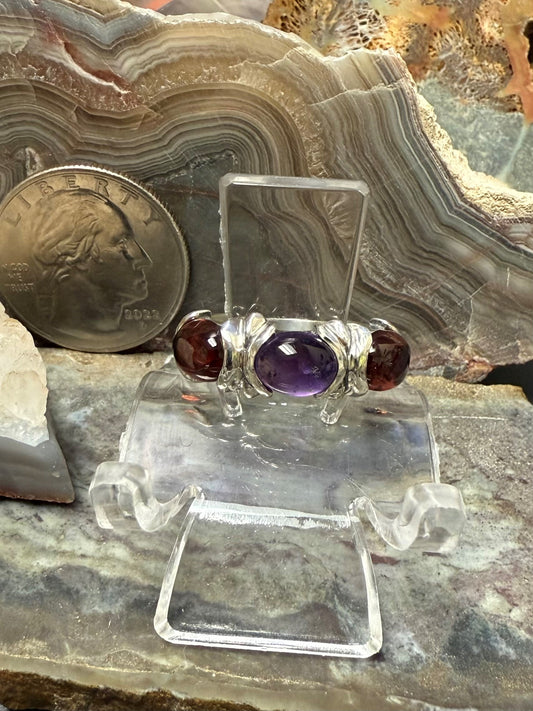 Amethyst and Garnet 3 stone sterling silver ring